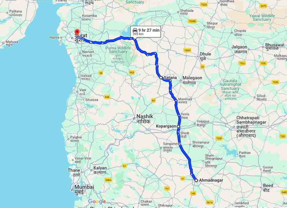 Ahmednagar to Surat msrtc bus distance