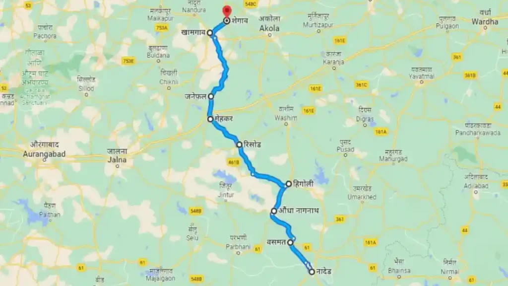 Nanded To Shegaon Distance